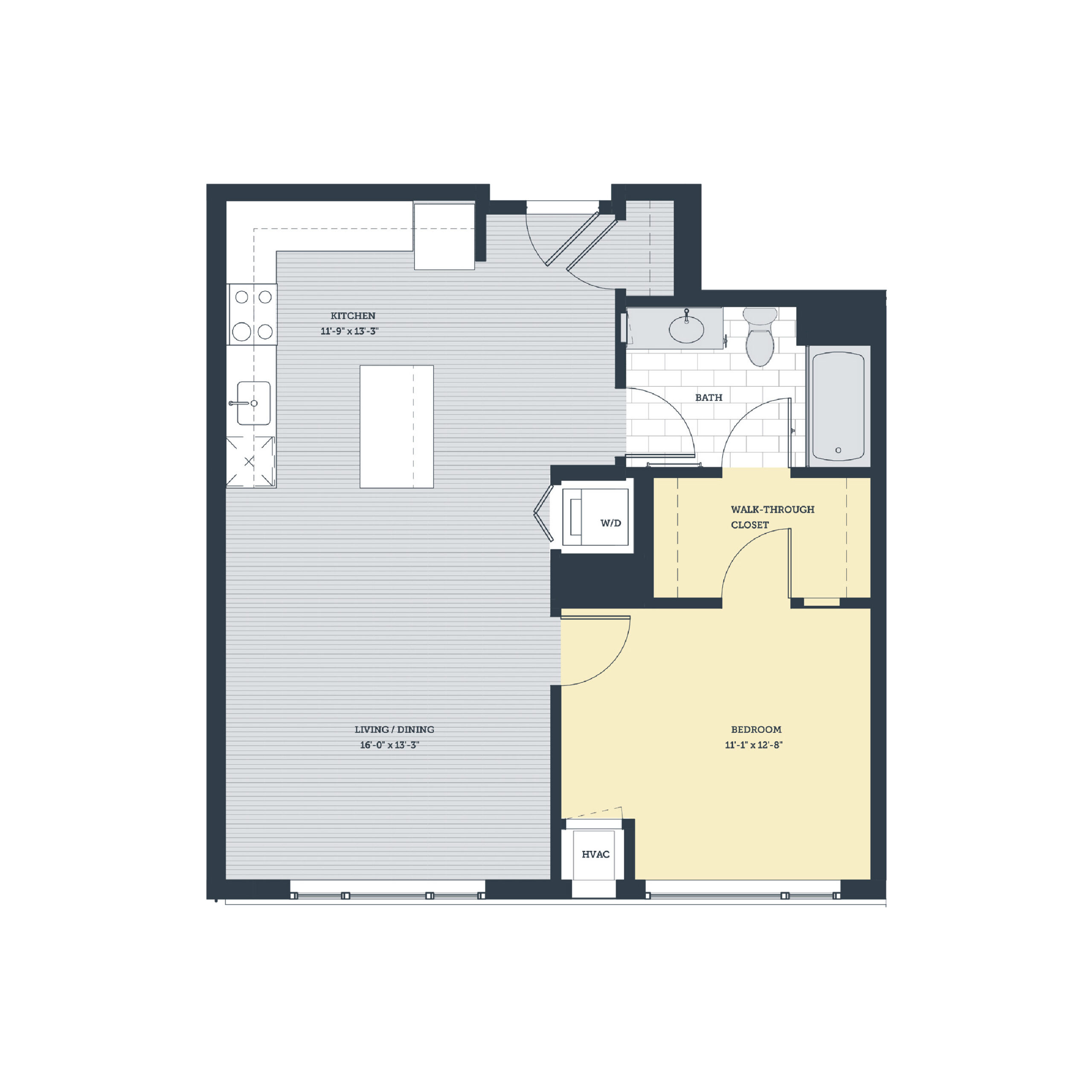 Rendering of the 1K floor plan with 1 bedroom[s] and 1 bathroom[s] at eleven33apartments