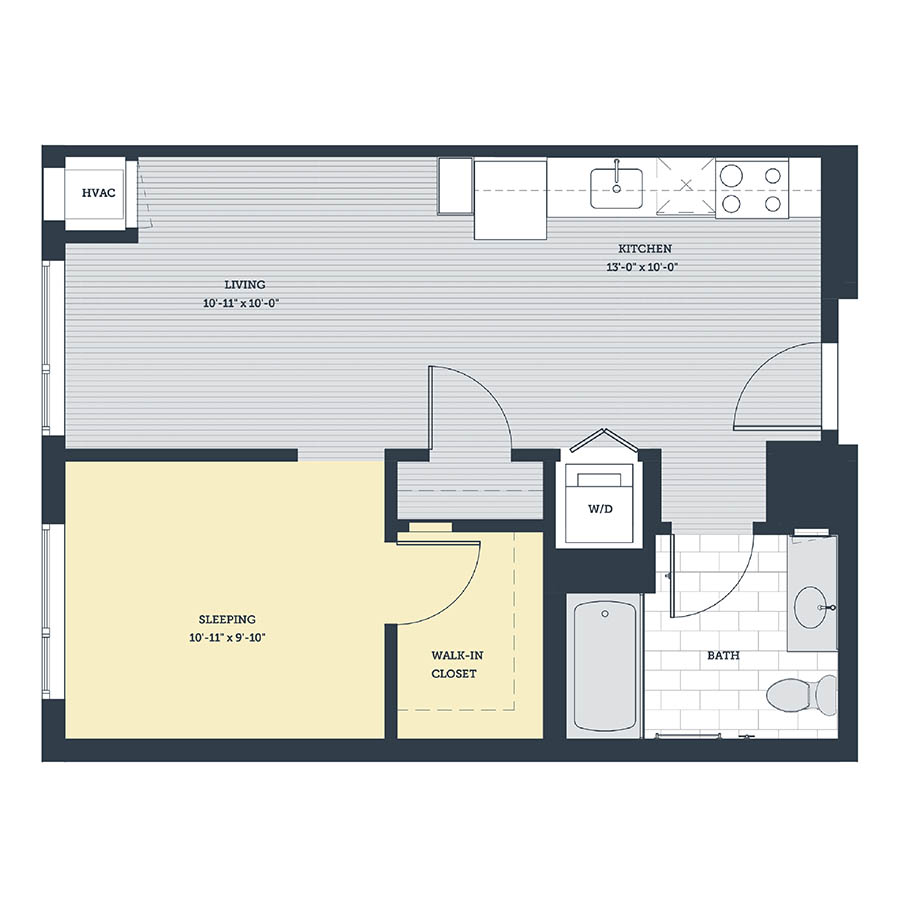 Rendering of the OC floor plan with a Studio bedroom and 1 bathroom[s] at eleven33apartments