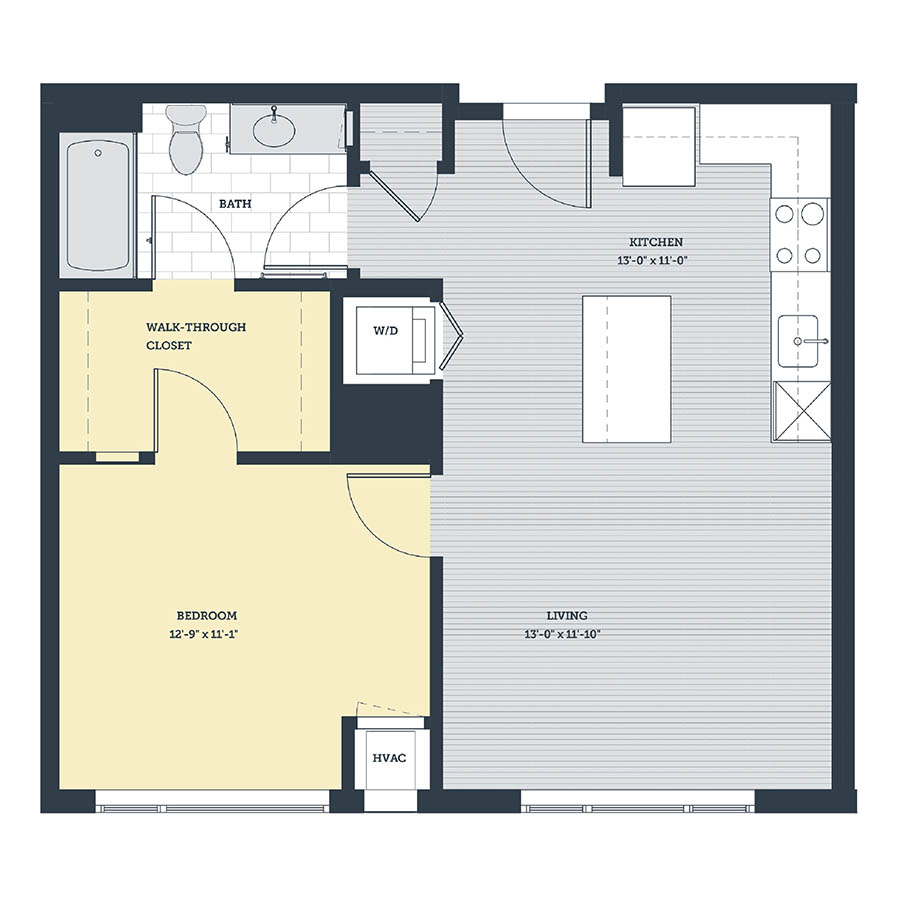 Rendering of the 1A floor plan with 1 bedroom[s] and 1 bathroom[s] at eleven33apartments