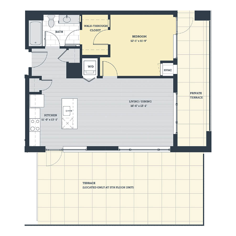 Rendering of the 1G floor plan with 1 bedroom[s] and 1 bathroom[s] at eleven33apartments