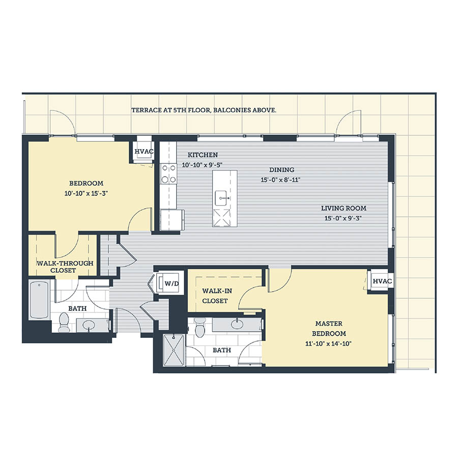 Rendering of the 2L floor plan with 2 bedroom[s] and 2 bathroom[s] at eleven33apartments