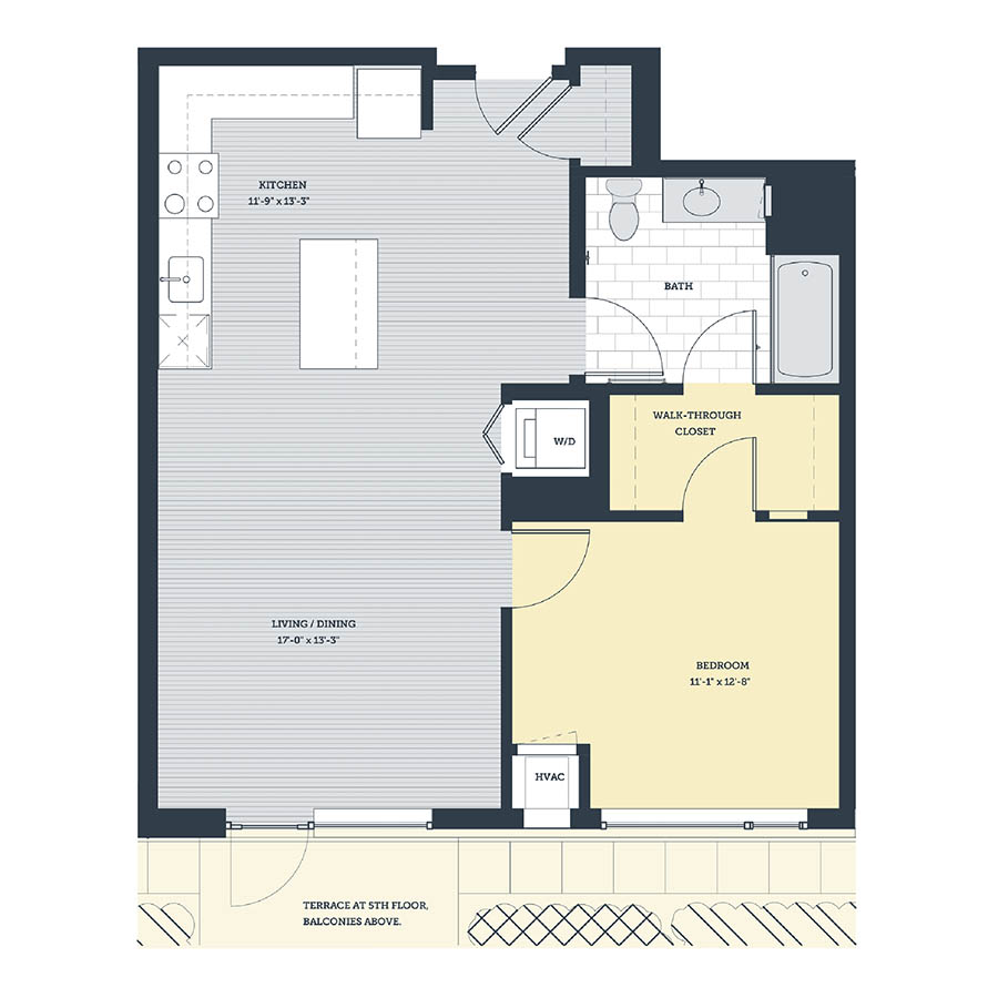 Rendering of the 1H floor plan with 1 bedroom[s] and 1 bathroom[s] at eleven33apartments