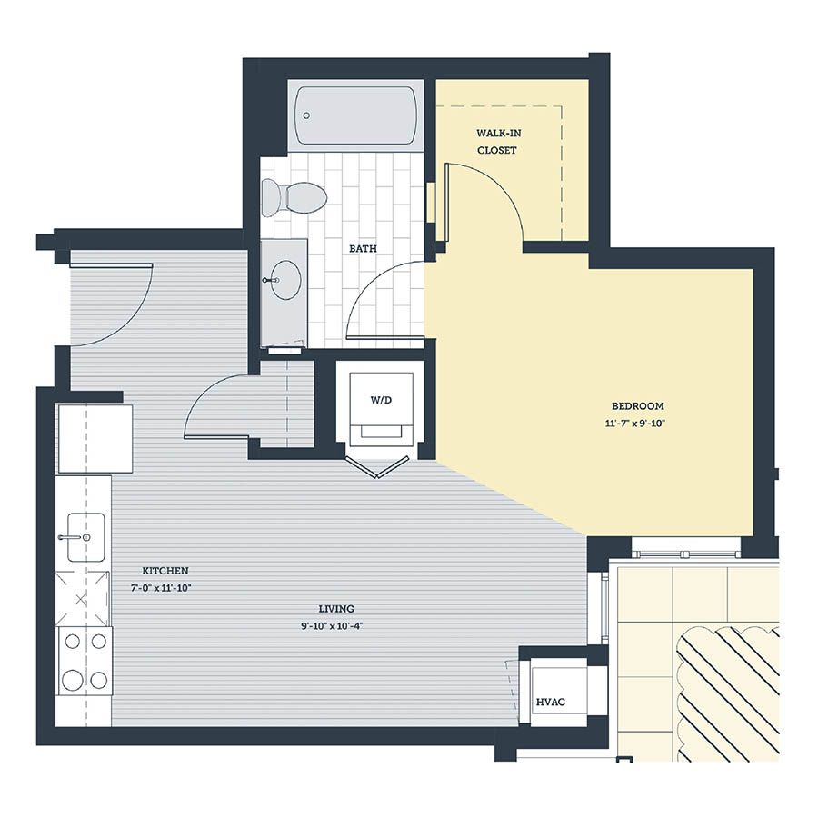 Rendering of the OA floor plan with a Studio bedroom and 1 bathroom[s] at eleven33apartments