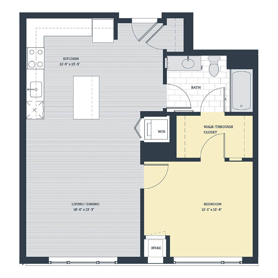 Rendering of the 1F floor plan with 1 bedroom[s] and 1 bathroom[s] at eleven33apartments