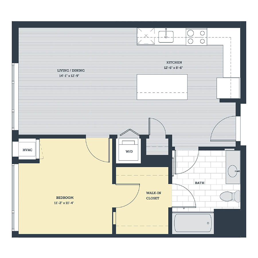 Rendering of the 1D floor plan with 1 bedroom[s] and 1 bathroom[s] at eleven33apartments