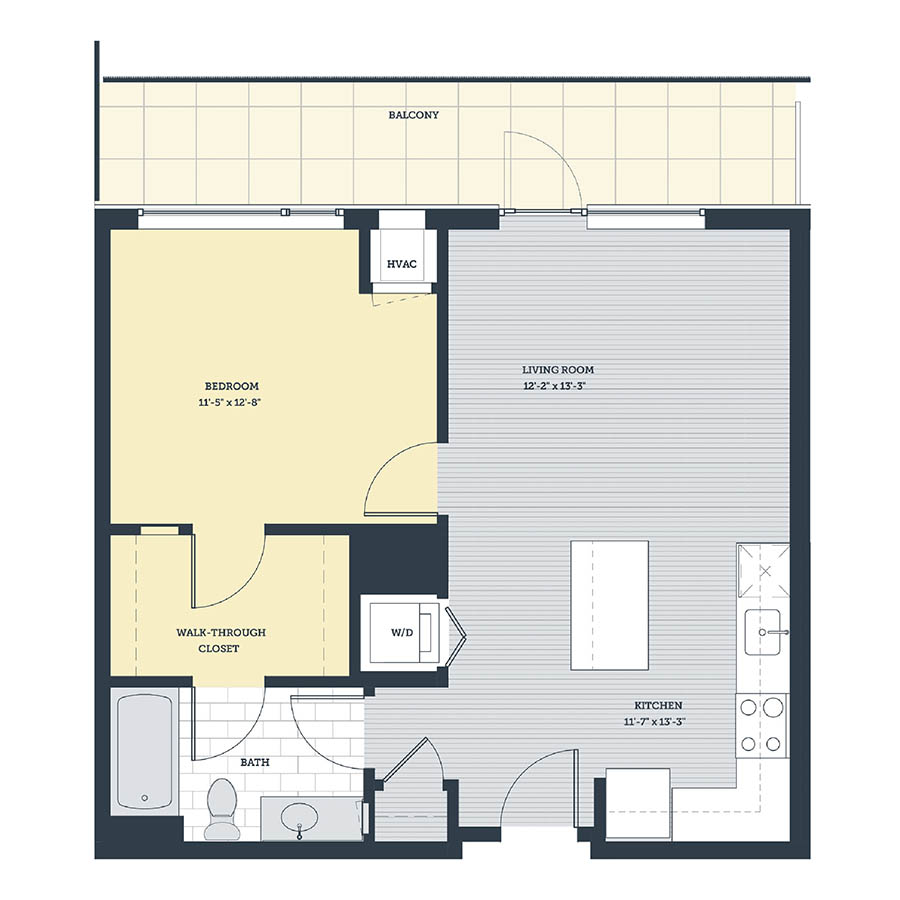 Rendering of the 1K floor plan with 1 bedroom[s] and 1 bathroom[s] at eleven33apartments