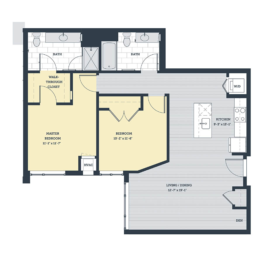 Rendering of the 2C floor plan with 2 bedroom[s] and 2 bathroom[s] at eleven33apartments