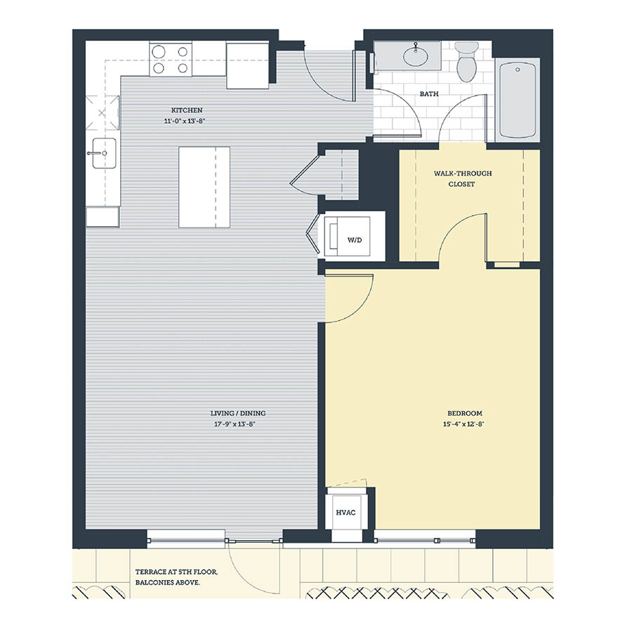 Rendering of the 1E.3 floor plan with 1 bedroom[s] and 1 bathroom[s] at eleven33apartments