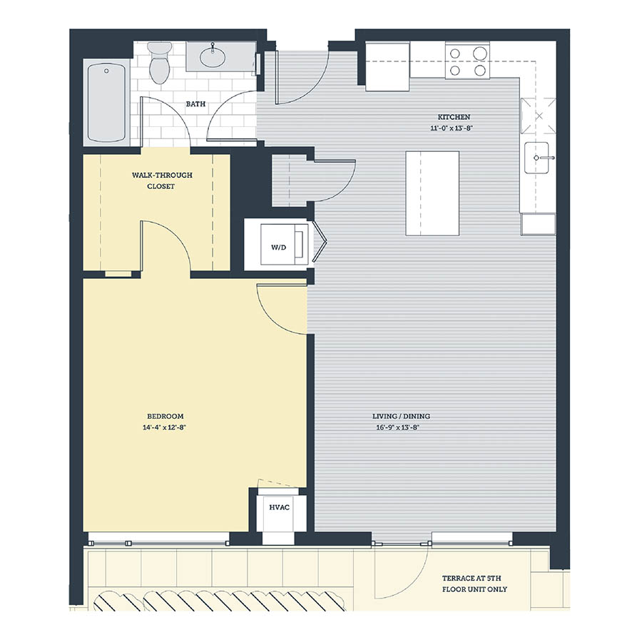 Rendering of the 1E.2 floor plan with 1 bedroom[s] and 1 bathroom[s] at eleven33apartments