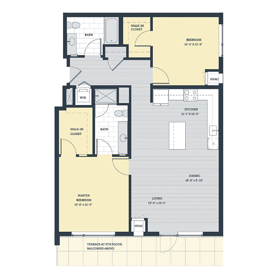 Rendering of the 2J floor plan with 2 bedroom[s] and 2 bathroom[s] at eleven33apartments