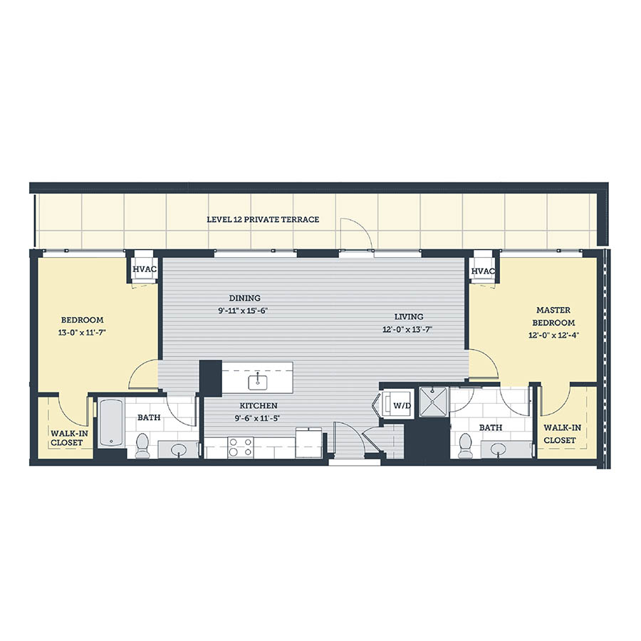 Rendering of the 2M floor plan with 2 bedroom[s] and 2 bathroom[s] at eleven33apartments