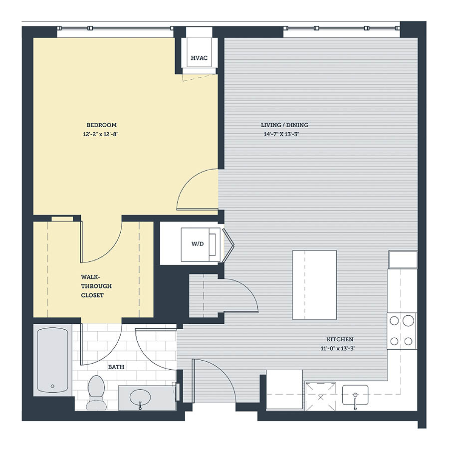 Rendering of the 1L floor plan with 1 bedroom[s] and 1 bathroom[s] at eleven33apartments