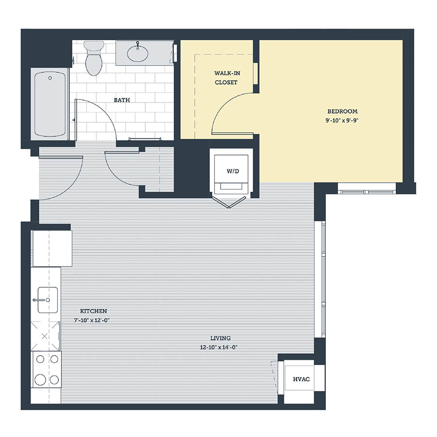 Rendering of the OD floor plan with a Studio bedroom and 1 bathroom[s] at eleven33apartments