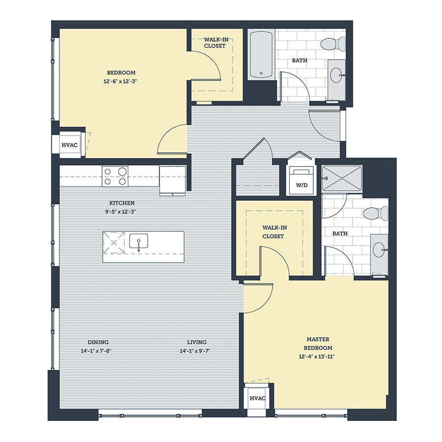 Rendering of the 2G floor plan with 2 bedroom[s] and 2 bathroom[s] at eleven33apartments