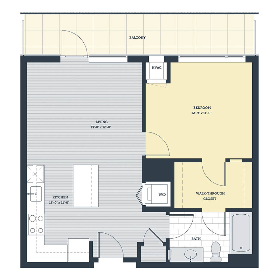 Rendering of the 1B floor plan with 1 bedroom[s] and 1 bathroom[s] at eleven33apartments