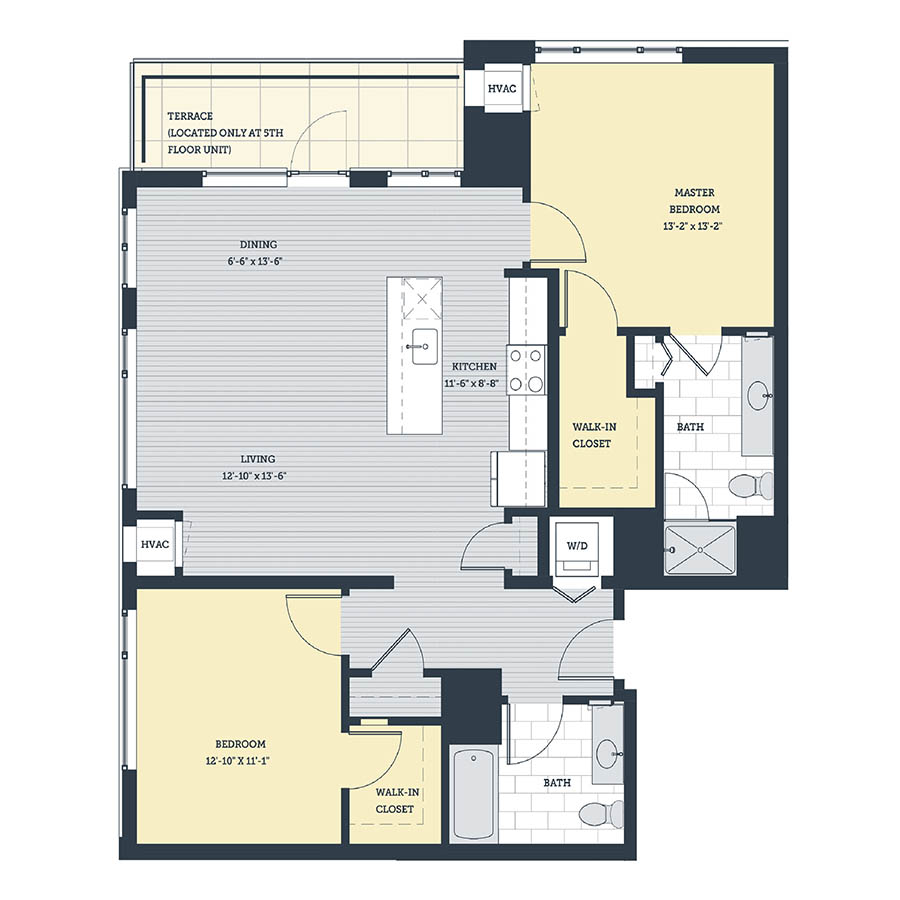 Rendering of the 2K floor plan with 2 bedroom[s] and 2 bathroom[s] at eleven33apartments