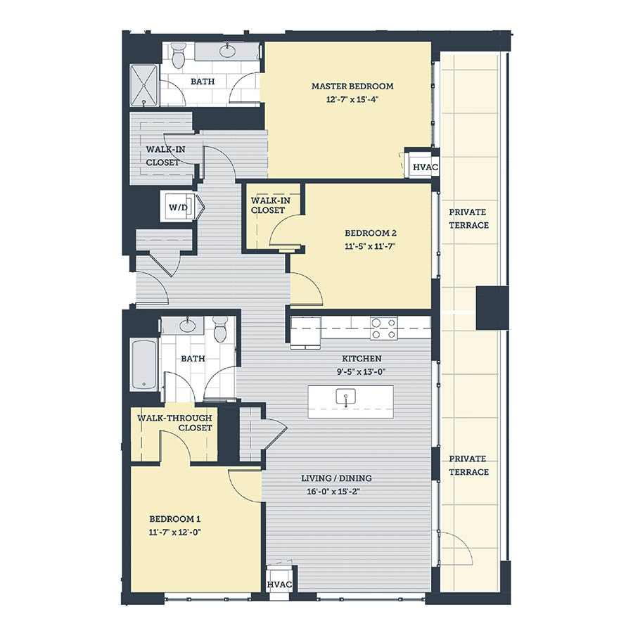 Rendering of the 3A floor plan with 3 bedroom[s] and 2 bathroom[s] at eleven33apartments