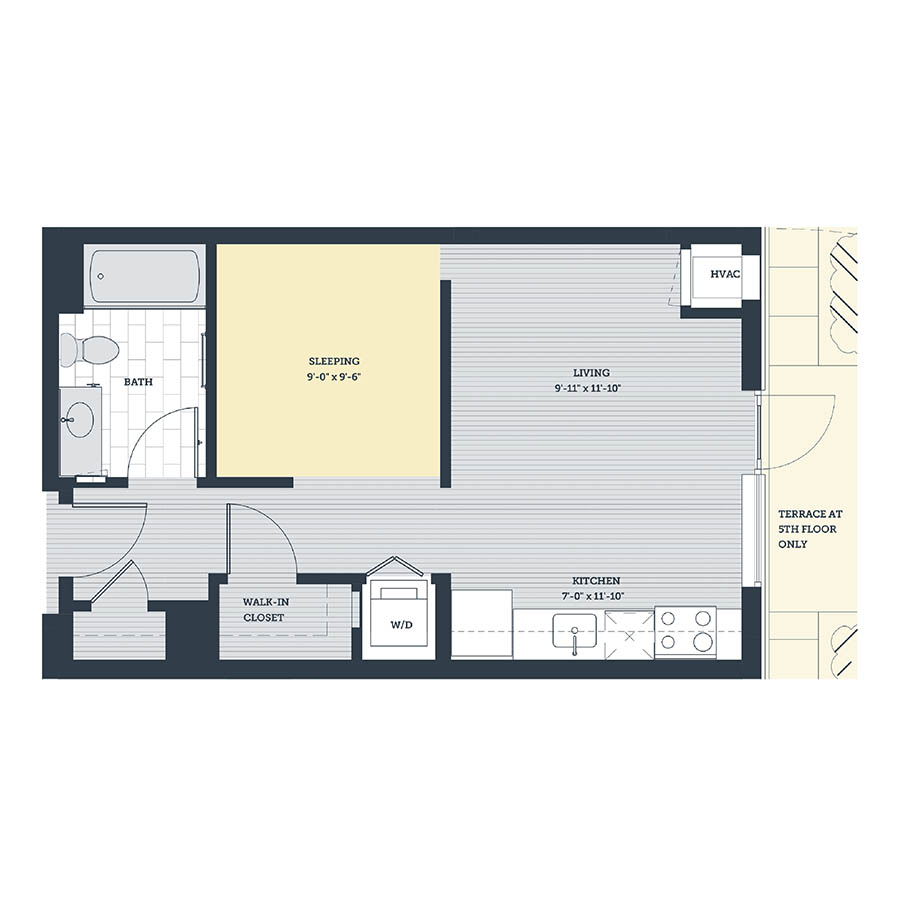 Rendering of the OB floor plan with a Studio bedroom and 1 bathroom[s] at eleven33apartments