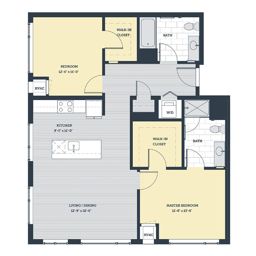 Rendering of the 2A floor plan with 2 bedroom[s] and 2 bathroom[s] at eleven33apartments