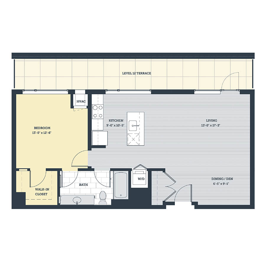Rendering of the 1J floor plan with 1 bedroom[s] and 1 bathroom[s] at eleven33apartments