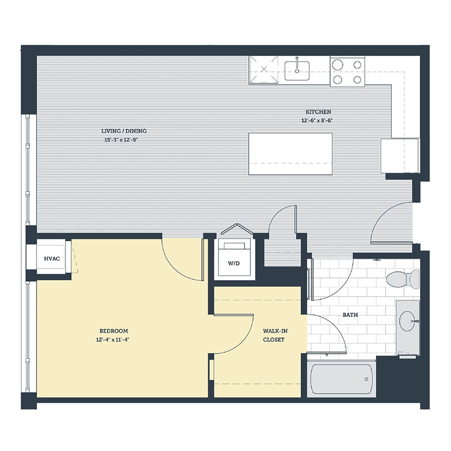 Rendering of the 1D.1 floor plan with 1 bedroom[s] and 1 bathroom[s] at eleven33apartments