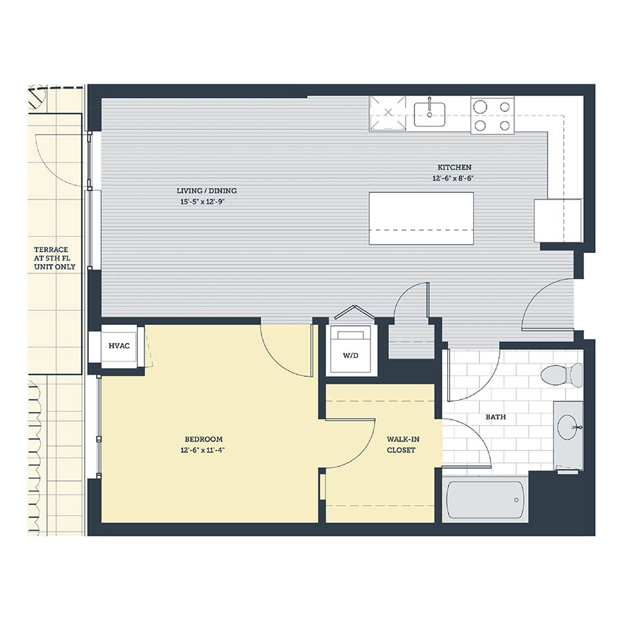 Rendering of the 1D.2 floor plan with 1 bedroom[s] and 1 bathroom[s] at eleven33apartments