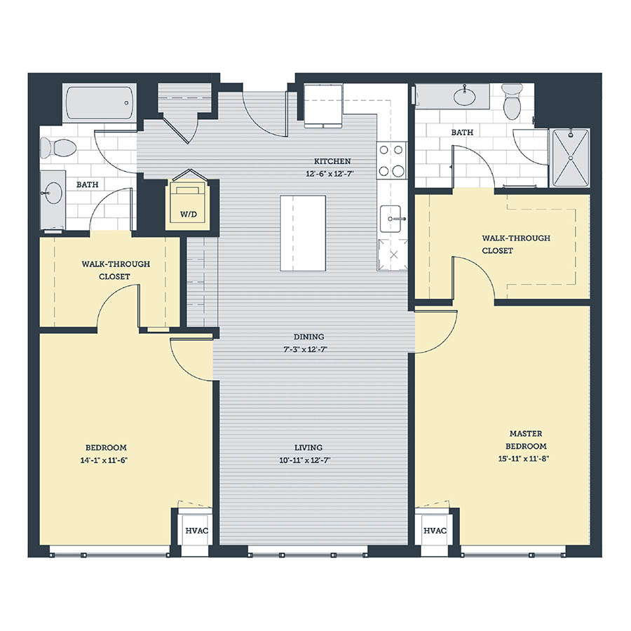 Rendering of the 2H floor plan with 2 bedroom[s] and 2 bathroom[s] at eleven33apartments