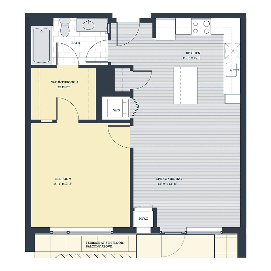 Rendering of the 1E.1 floor plan with 1 bedroom[s] and 1 bathroom[s] at eleven33apartments
