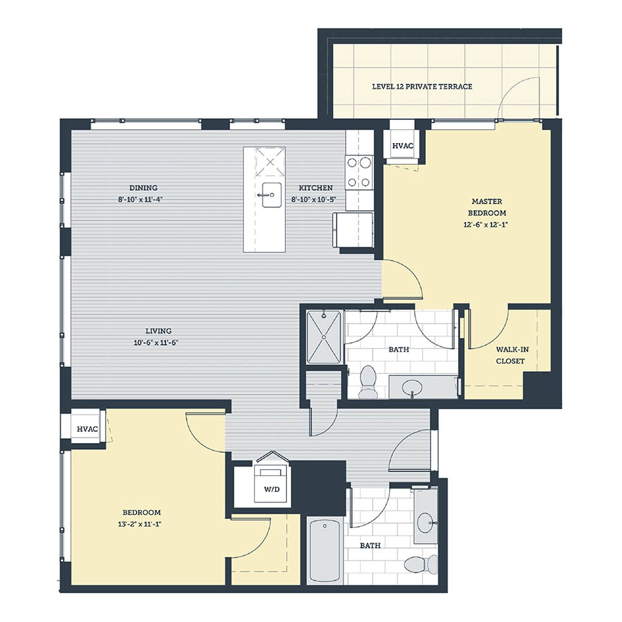 Rendering of the 2B floor plan with 2 bedroom[s] and 2 bathroom[s] at eleven33apartments