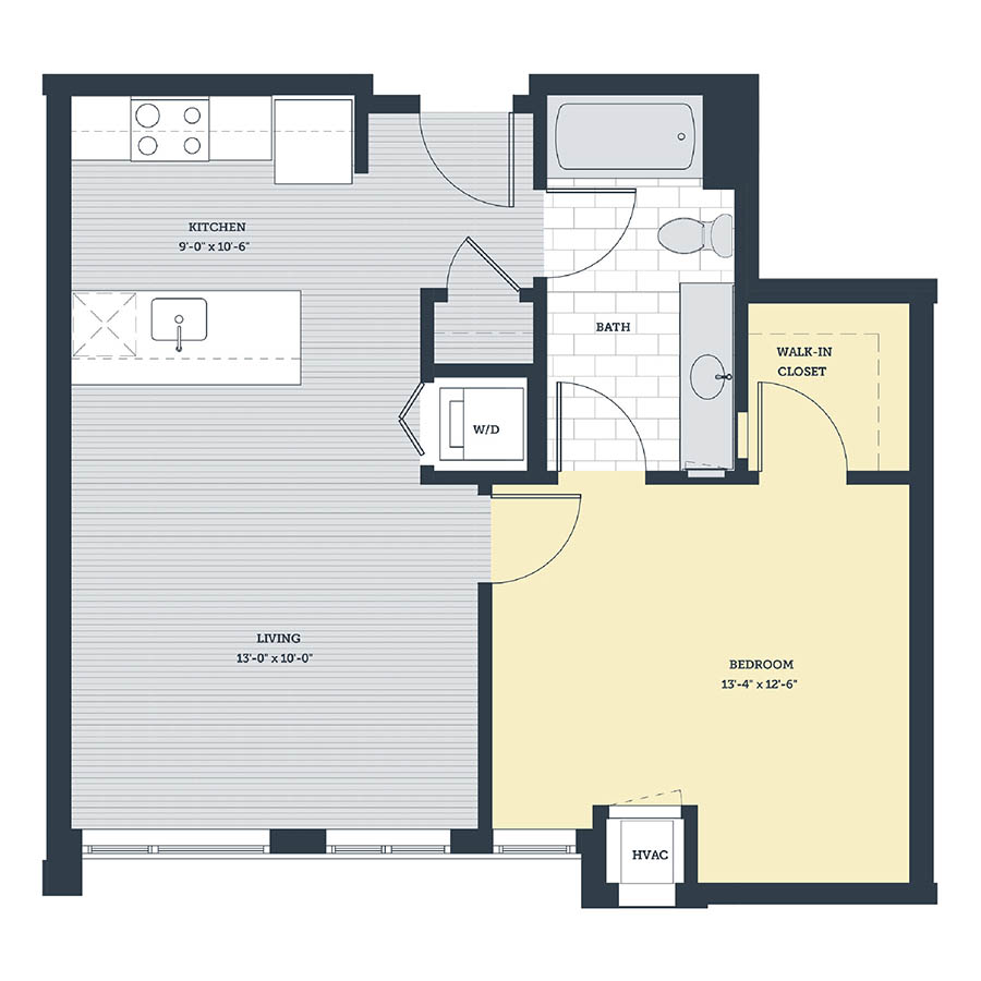 Rendering of the 1C floor plan with 1 bedroom[s] and 1 bathroom[s] at eleven33apartments