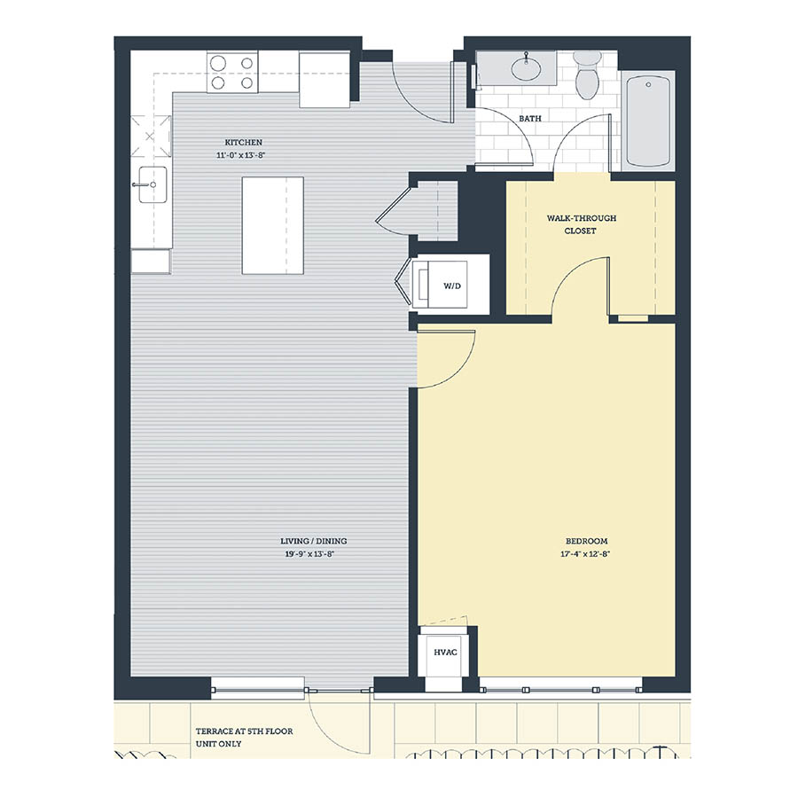 Rendering of the 1E.4 floor plan with 1 bedroom[s] and 1 bathroom[s] at eleven33apartments