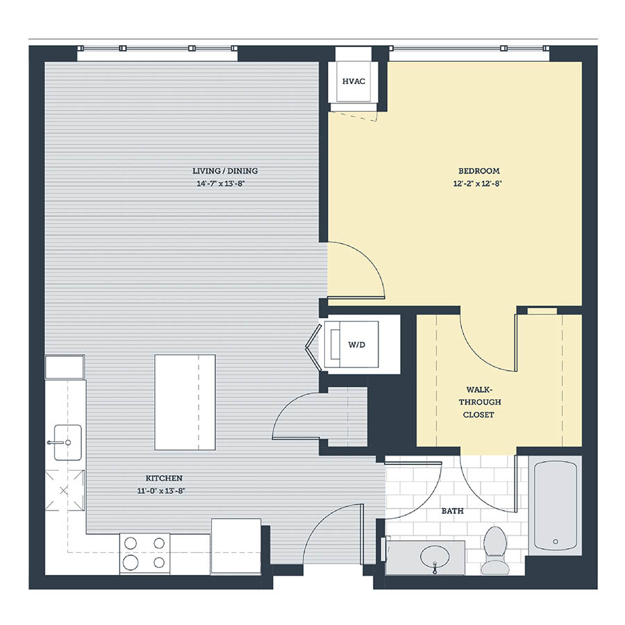 Rendering of the 1E floor plan with 1 bedroom[s] and 1 bathroom[s] at eleven33apartments
