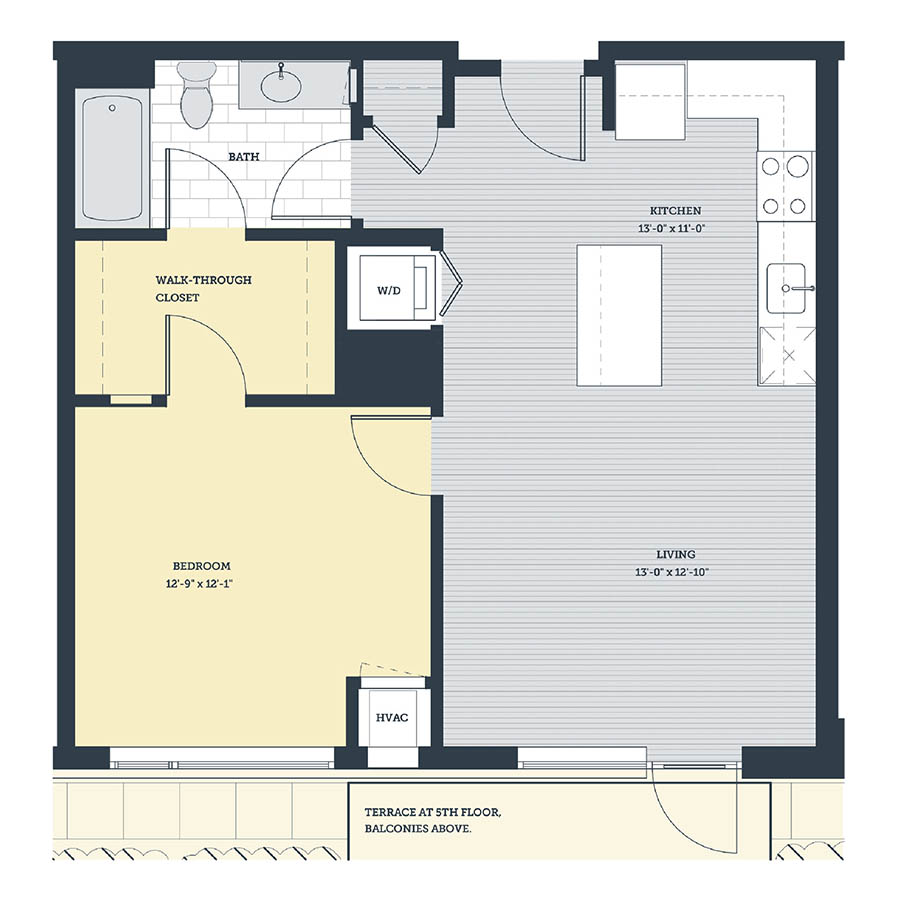 Rendering of the 1A.1 floor plan with 1 bedroom[s] and 1 bathroom[s] at eleven33apartments