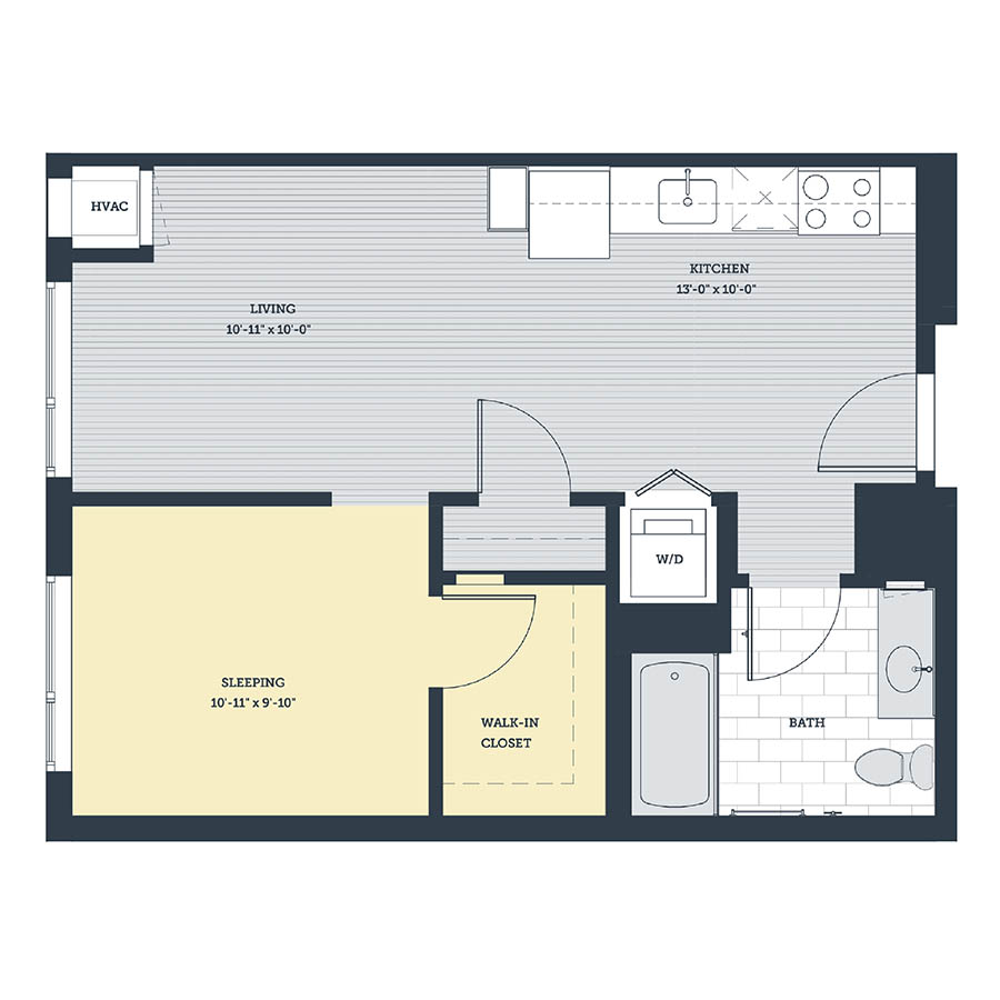 Rendering of the OC.1 floor plan with a Studio bedroom and 1 bathroom[s] at eleven33apartments