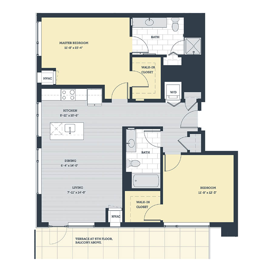 Rendering of the 2F floor plan with 2 bedroom[s] and 2 bathroom[s] at eleven33apartments