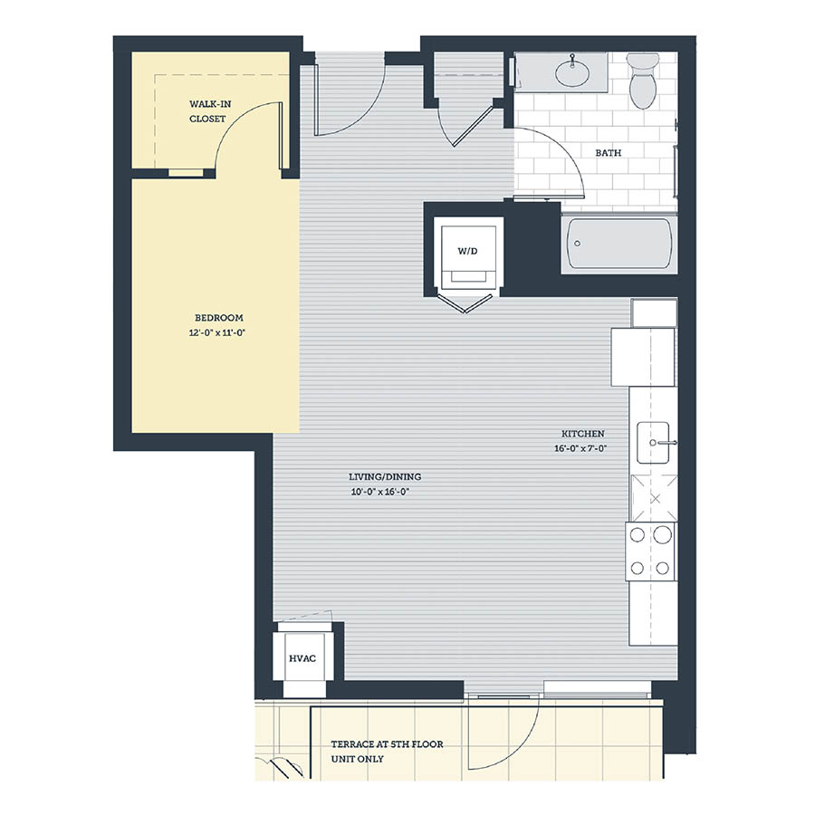 Rendering of the OE floor plan with a Studio bedroom and 1 bathroom[s] at eleven33apartments