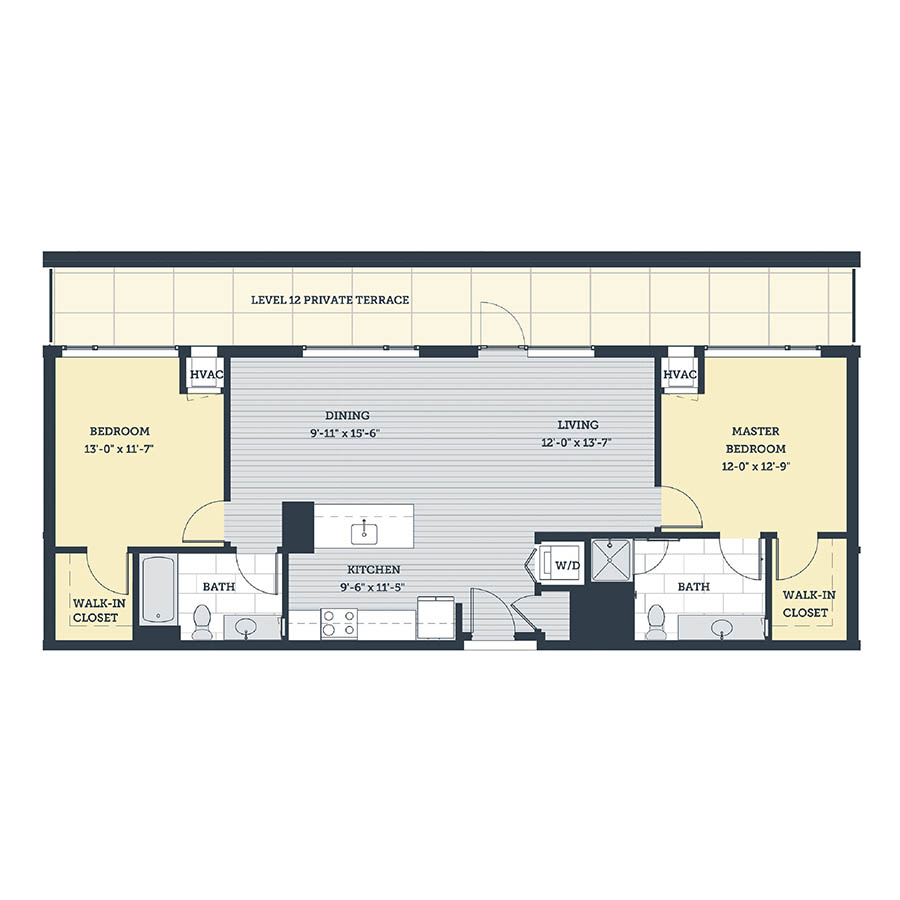 Rendering of the 2E floor plan with 2 bedroom[s] and 2 bathroom[s] at eleven33apartments