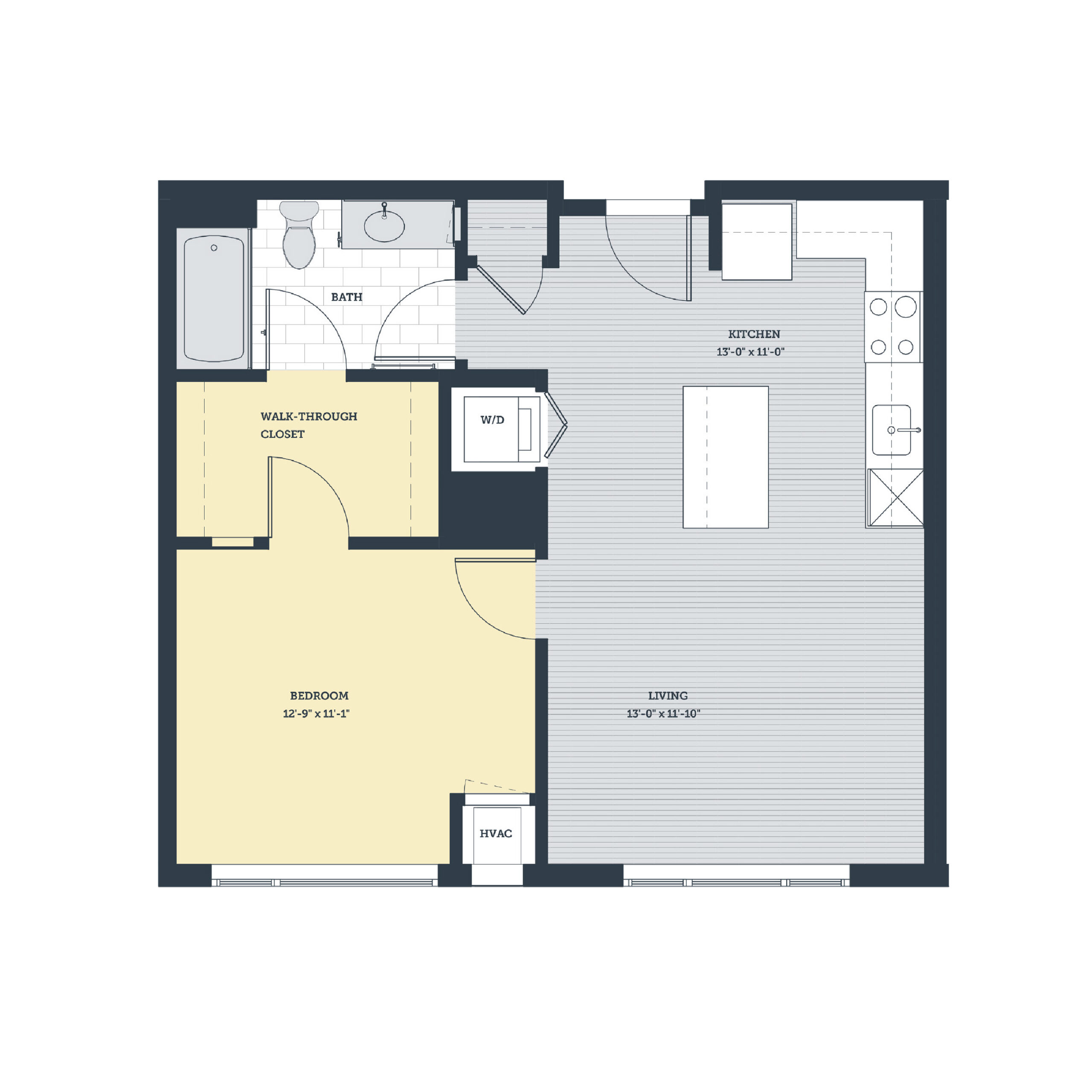 Rendering of the 1A floor plan with 1 bedroom[s] and 1 bathroom[s] at eleven33apartments