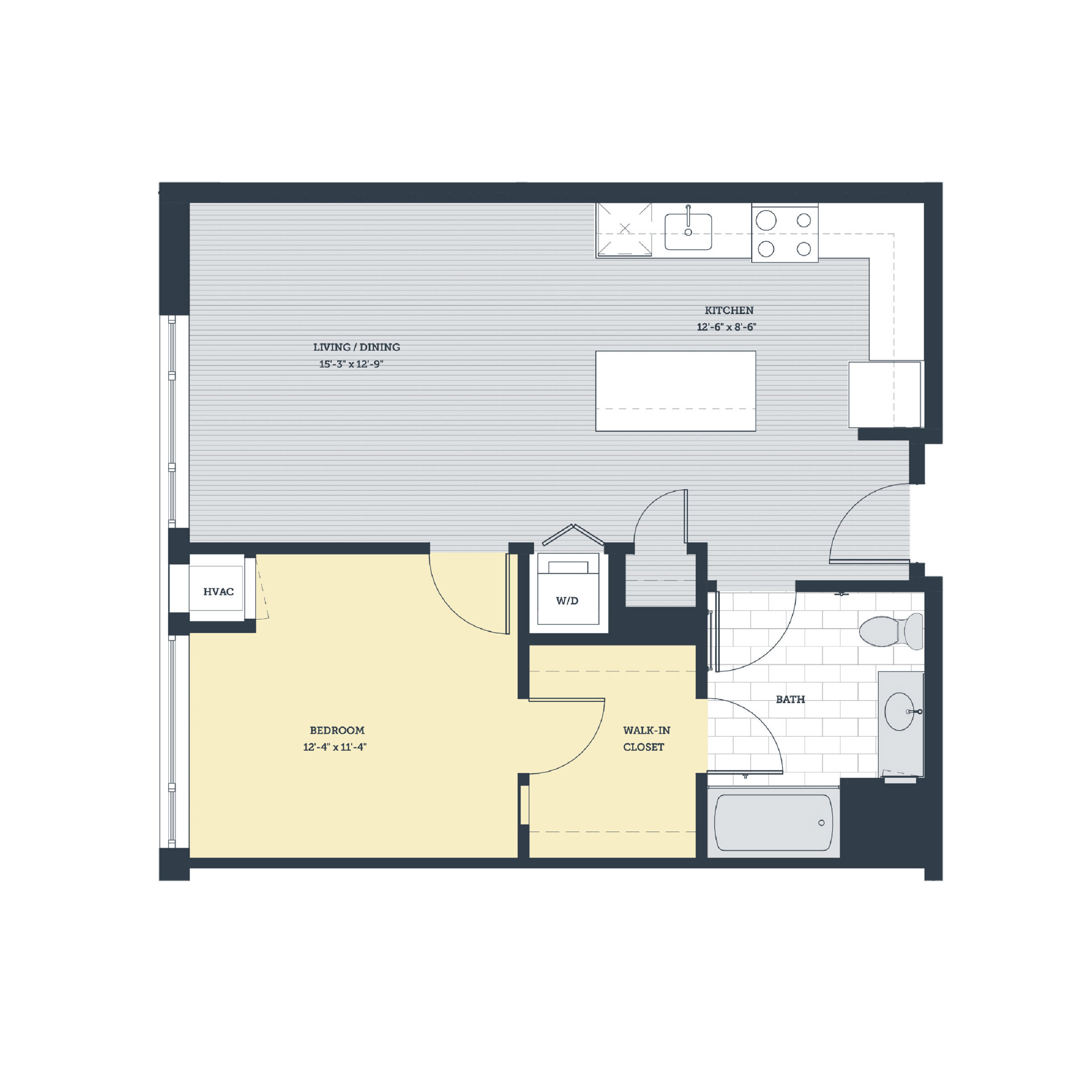 Rendering of the 1G floor plan with 1 bedroom[s] and 1 bathroom[s] at eleven33apartments