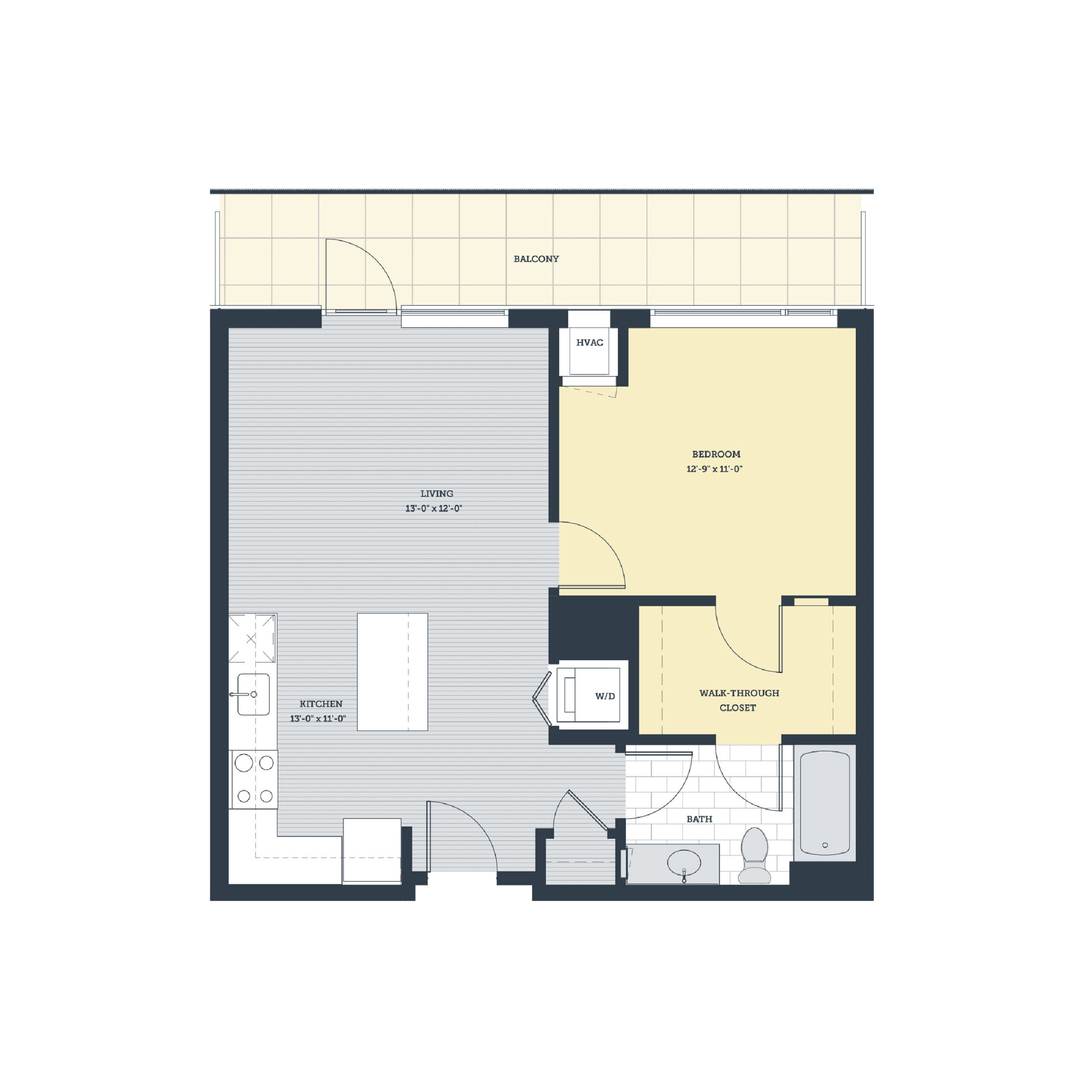 Rendering of the 1B floor plan with 1 bedroom[s] and 1 bathroom[s] at eleven33apartments