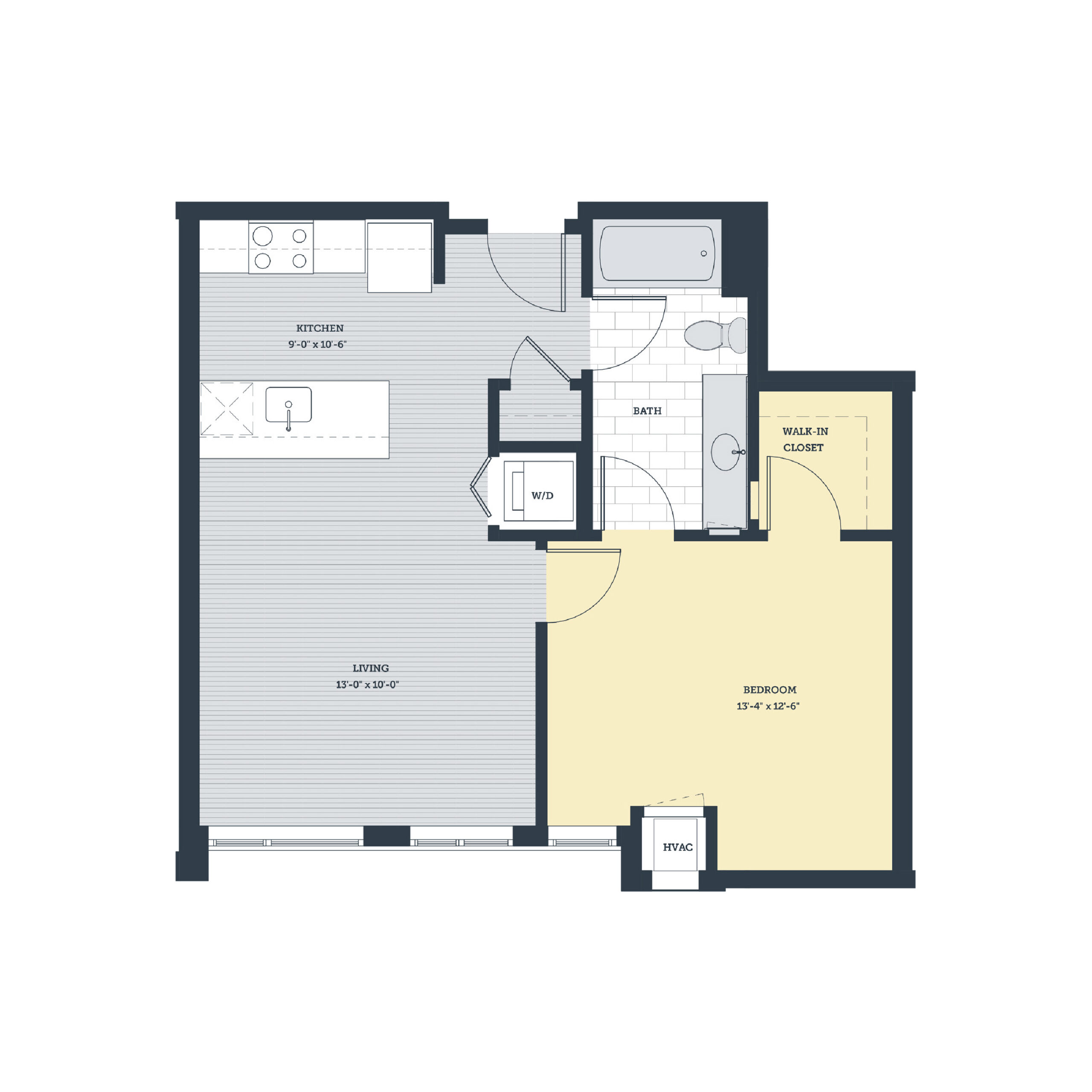 Rendering of the 1D floor plan with 1 bedroom[s] and 1 bathroom[s] at eleven33apartments