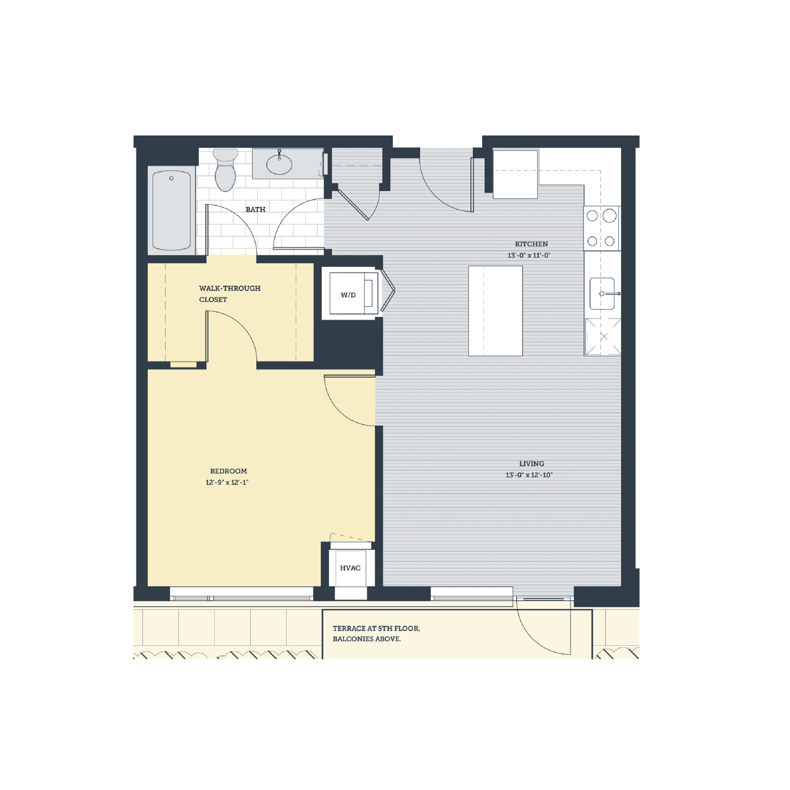 Rendering of the 1F floor plan with 1 bedroom[s] and 1 bathroom[s] at eleven33apartments