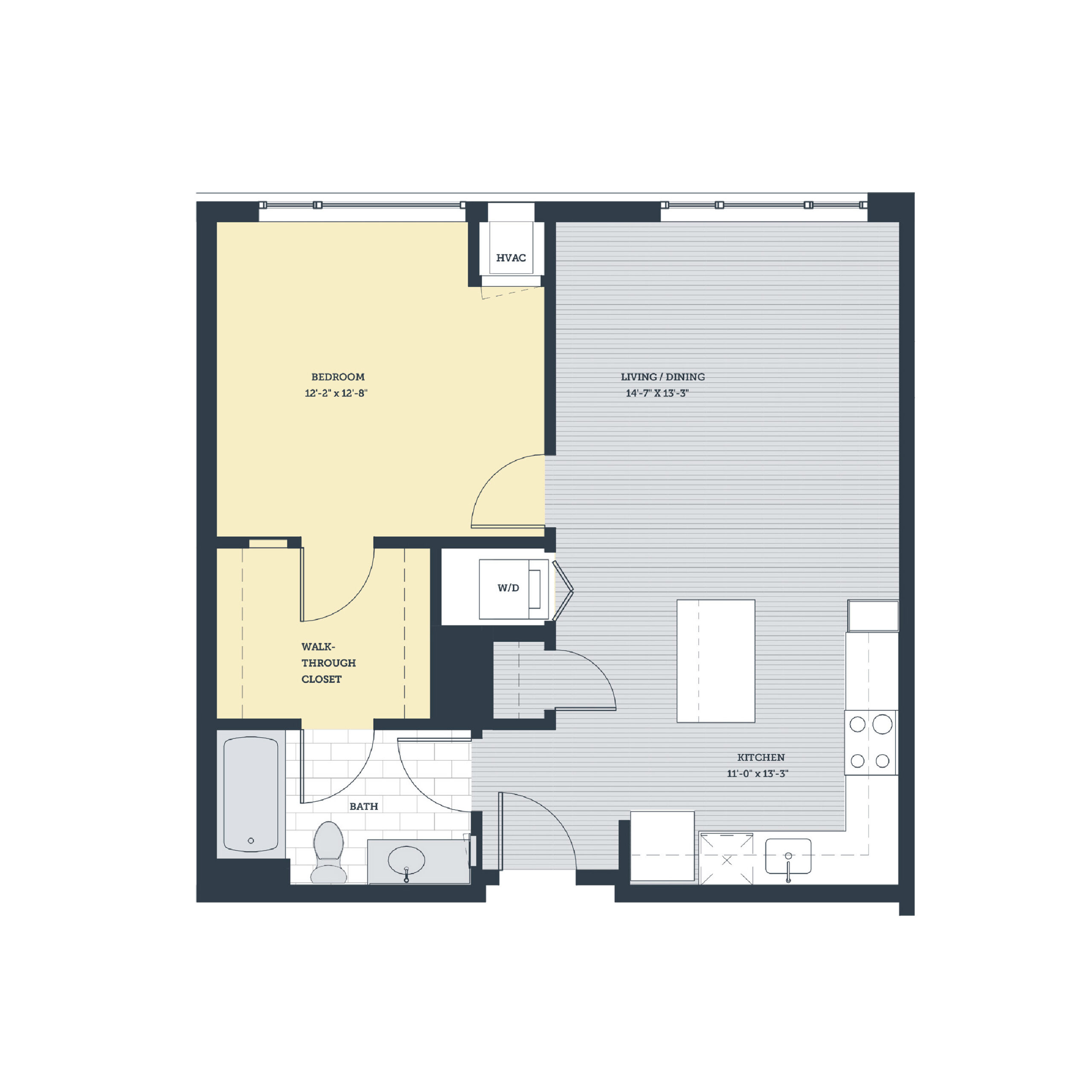 Rendering of the 1J floor plan with 1 bedroom[s] and 1 bathroom[s] at eleven33apartments