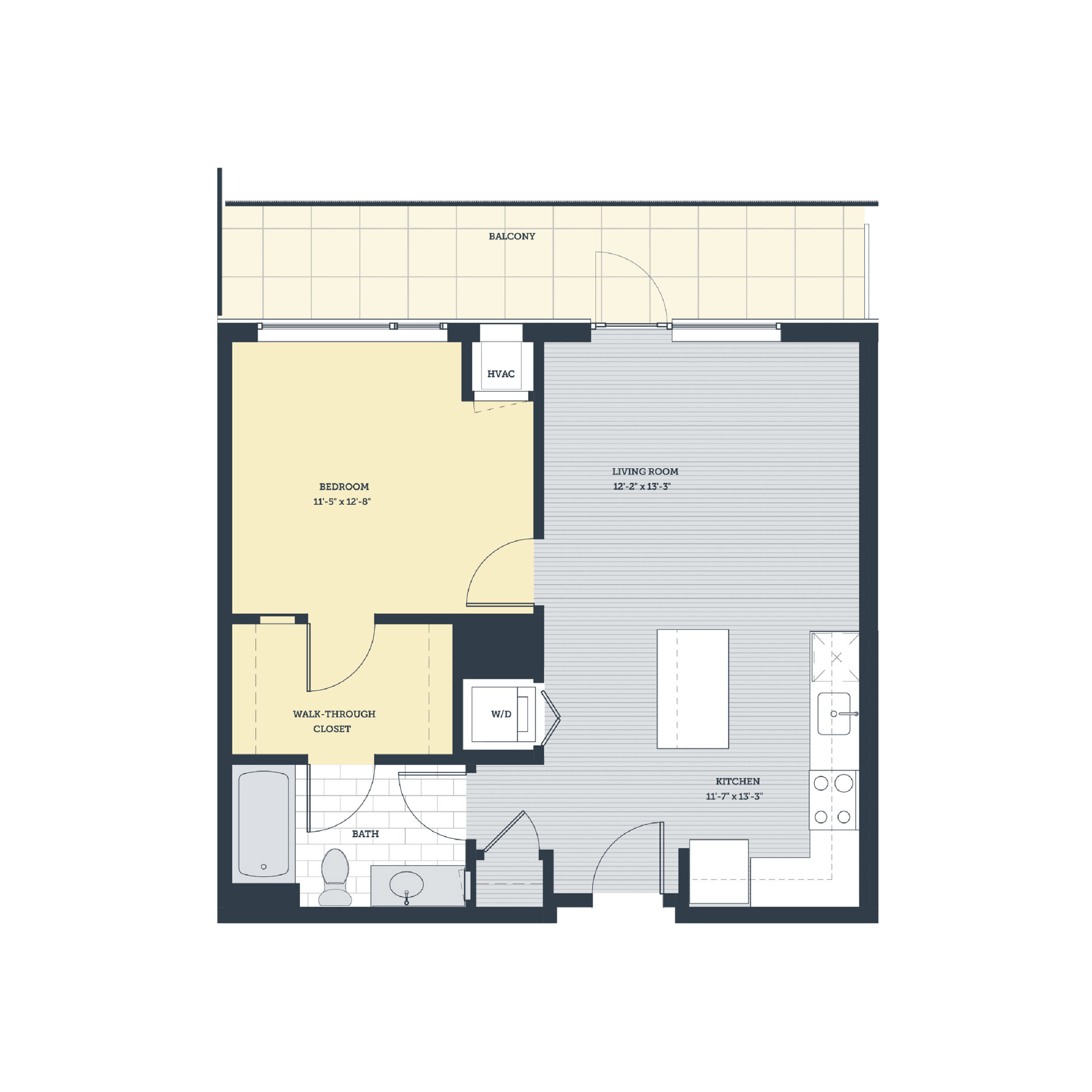 Rendering of the 1C floor plan with 1 bedroom[s] and 1 bathroom[s] at eleven33apartments