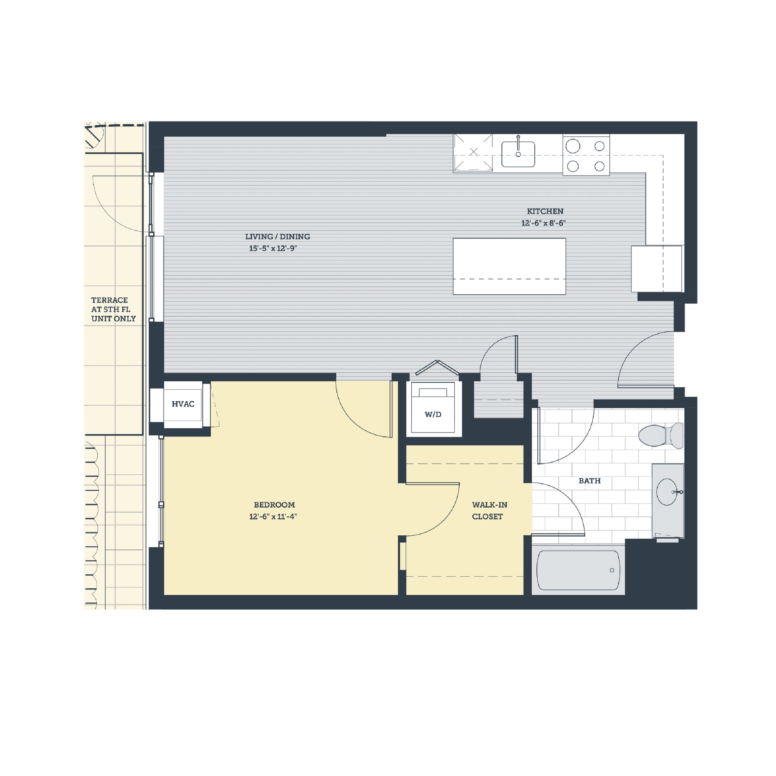 Rendering of the 1H floor plan with 1 bedroom[s] and 1 bathroom[s] at eleven33apartments