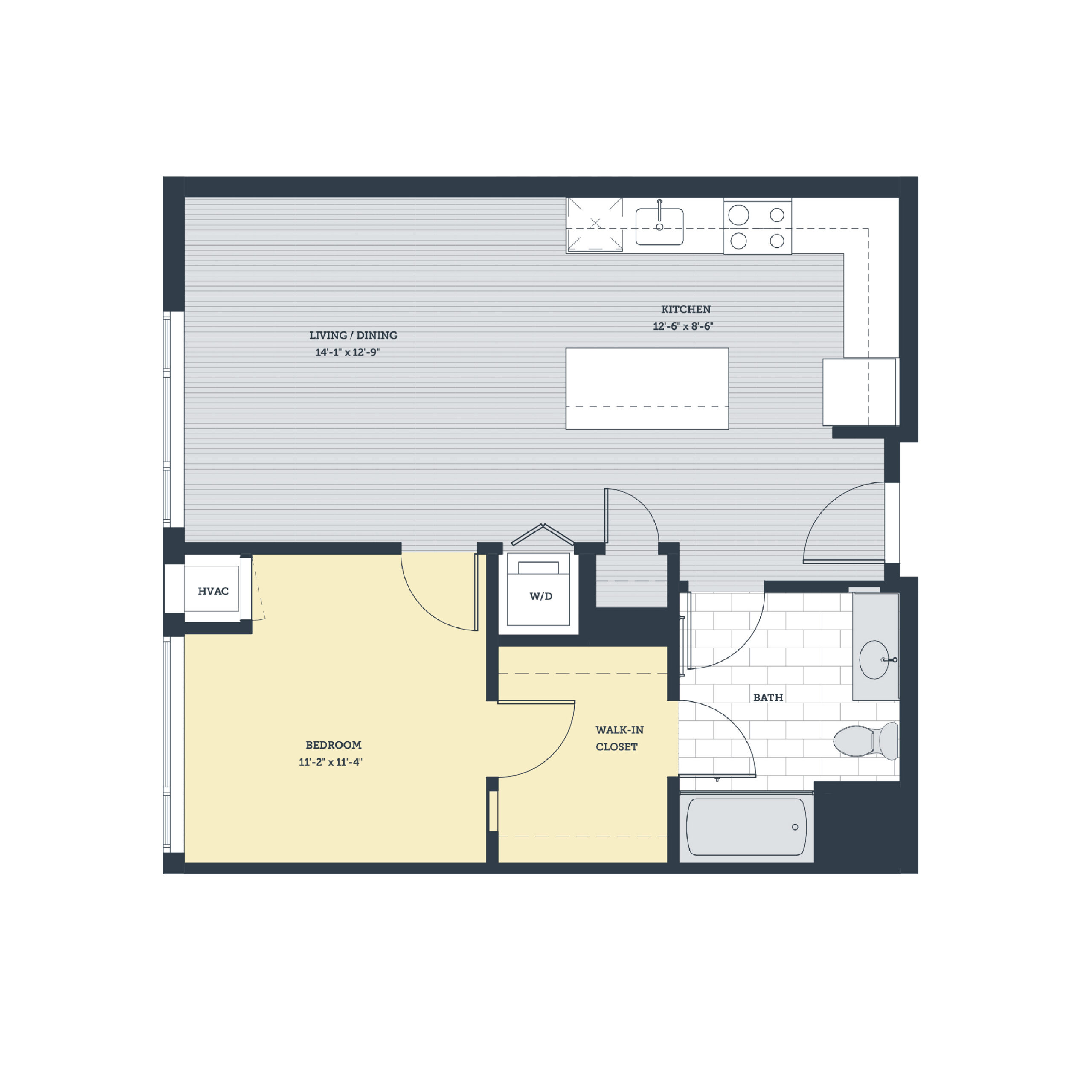 Rendering of the 1E floor plan with 1 bedroom[s] and 1 bathroom[s] at eleven33apartments